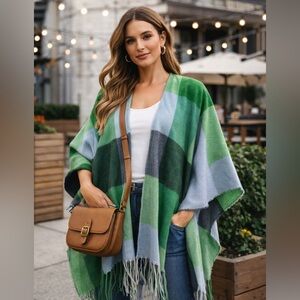 Vince Camuto Green Plaid Fringe Ruana Poncho OS NWT
